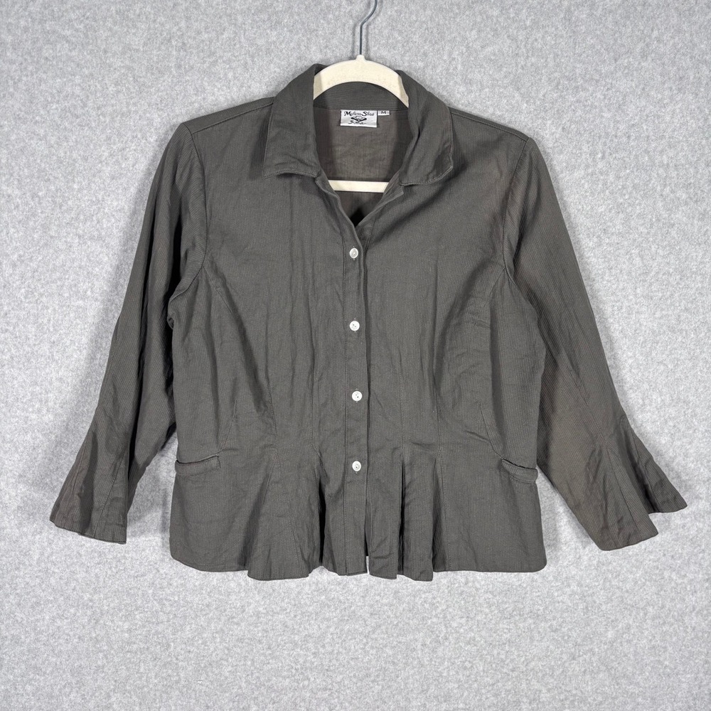 Mehera Shaw Soma Button Up Top Medium Gray Peplum Ruffle Tailored Cotton India *